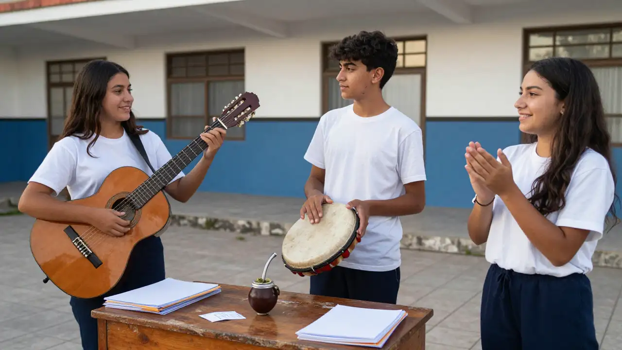 Ilustración generada con IA: Tres estudiantes ensayan con guitarra y bombo en el patio para el festival.