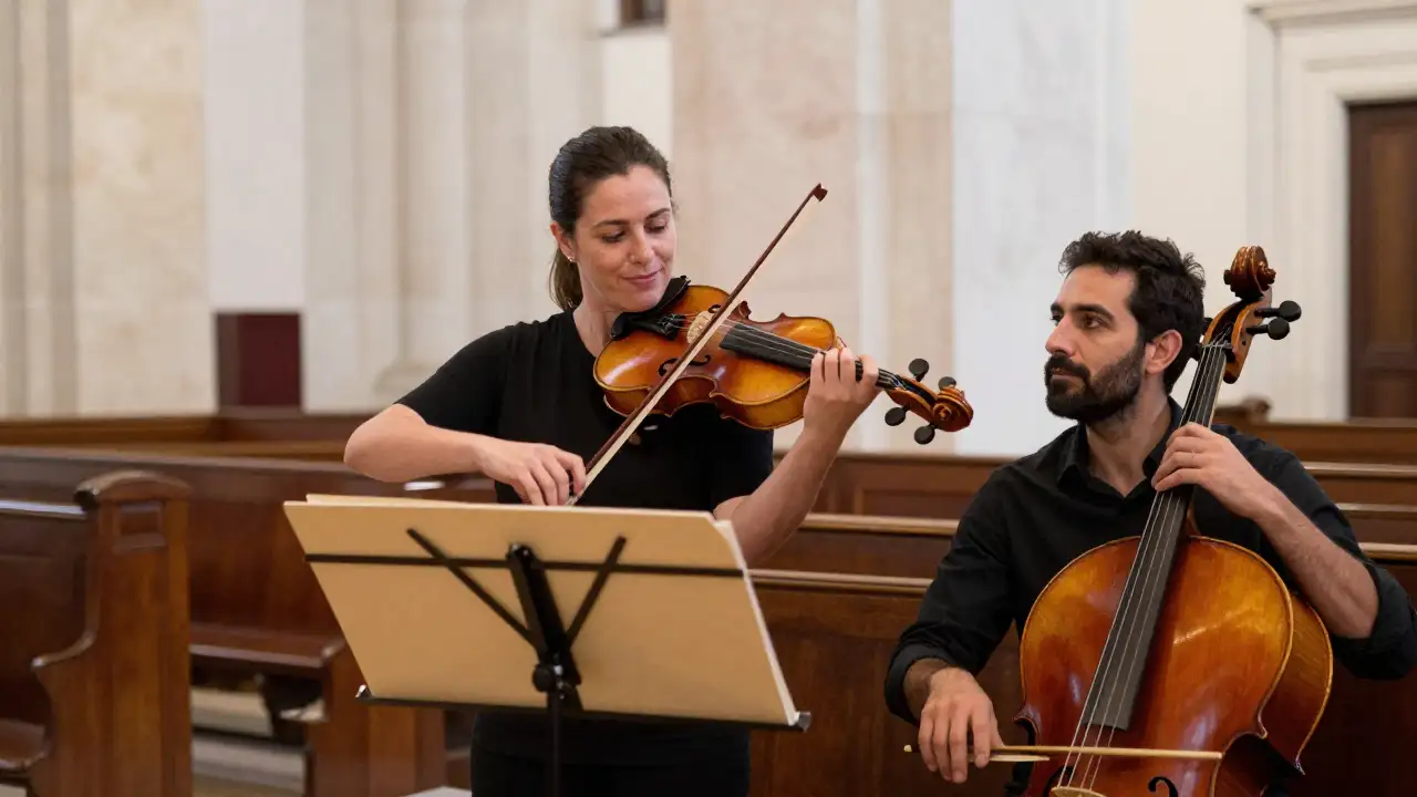 Ilustración generada con IA: Una violinista afina su violín junto a un cellista en la Catedral, antes del concierto solidario
