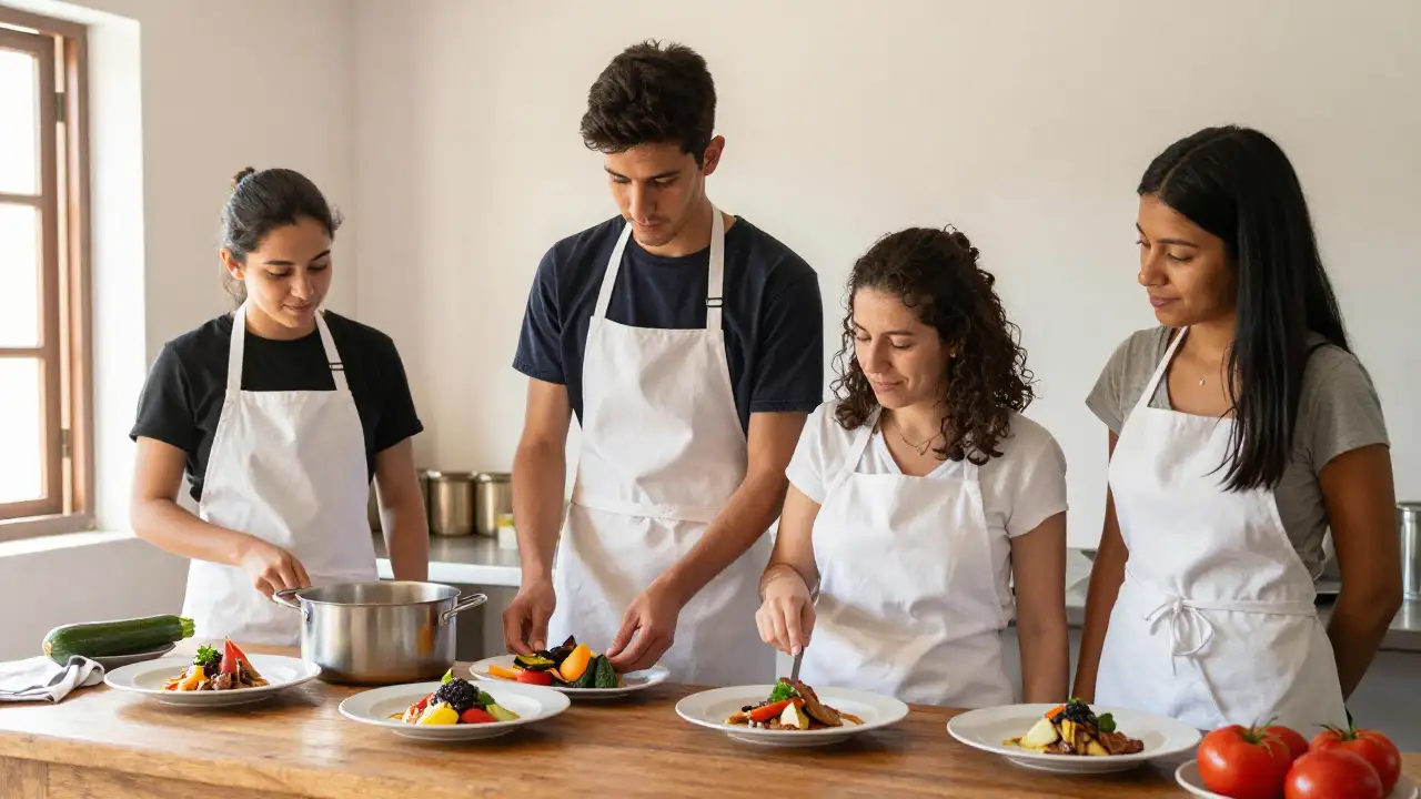 Ilustración generada con IA: Dos jóvenes cocineros con delantales blancos junto a una mesada con cuatro platos servidos