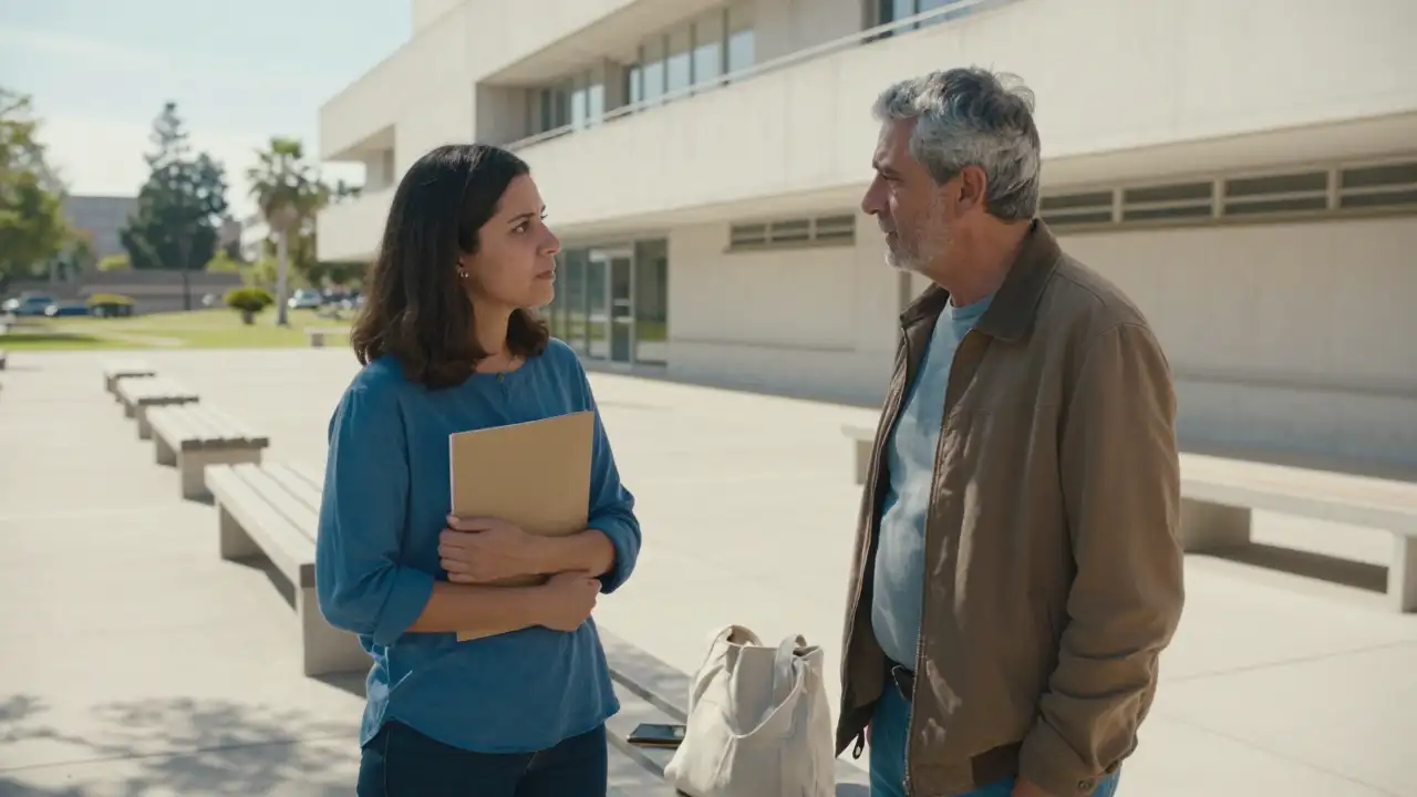 Ilustración generada con IA: Dos padres conversan en un sendero universitario; ella sostiene una carpeta cerrada y un celular boca abajo.