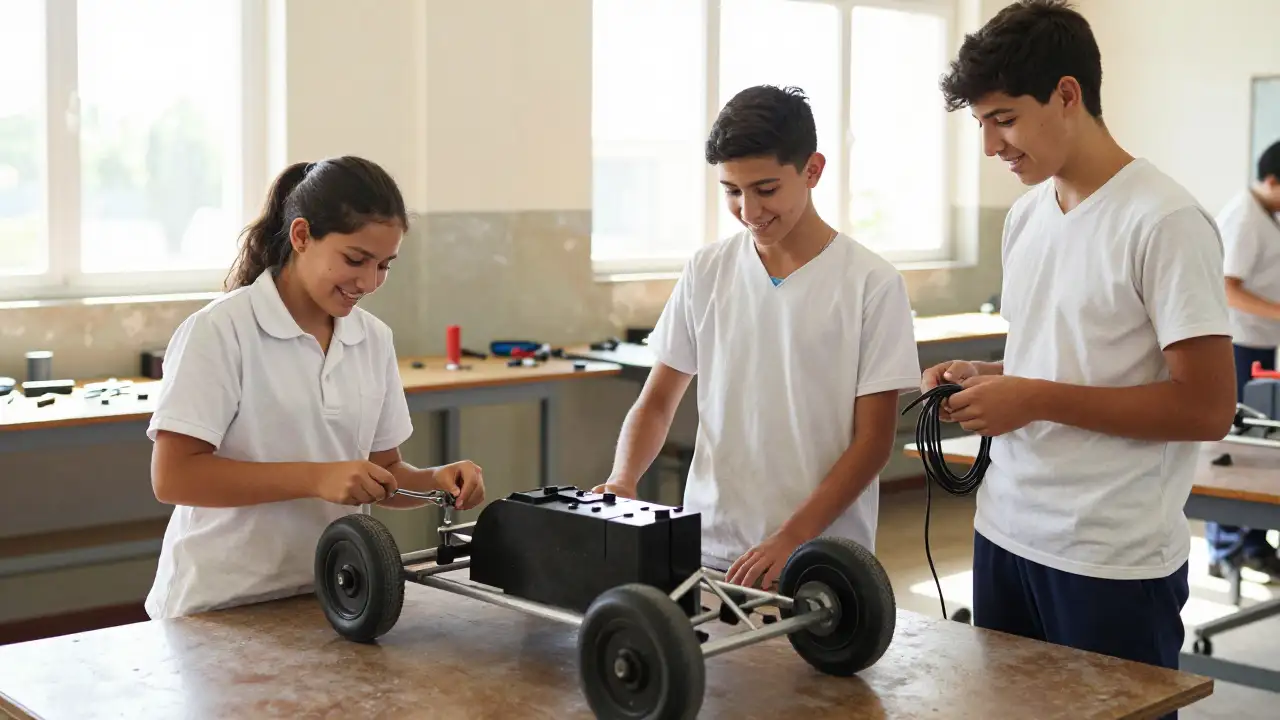 Ilustración generada con IA: Tres estudiantes arman el chasis de un auto eléctrico en el taller de la escuela.