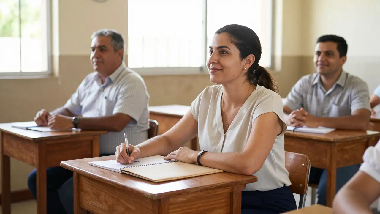 Ilustración generada con IA: Docente sonríe en un aula durante una capacitación sobre cooperativas escolares.