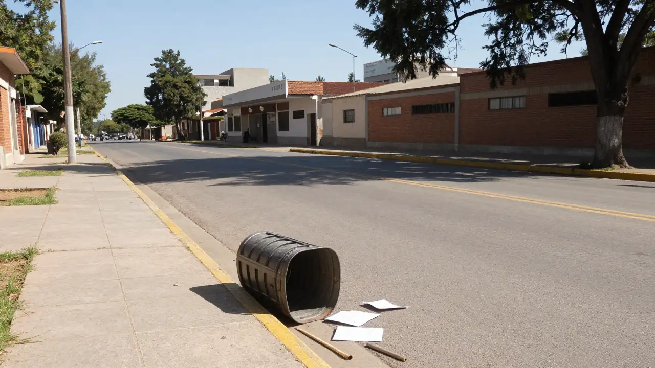 Ilustración generada con IA: Calle vacía tras la marcha, con un tacho volcado y papeles en el suelo.