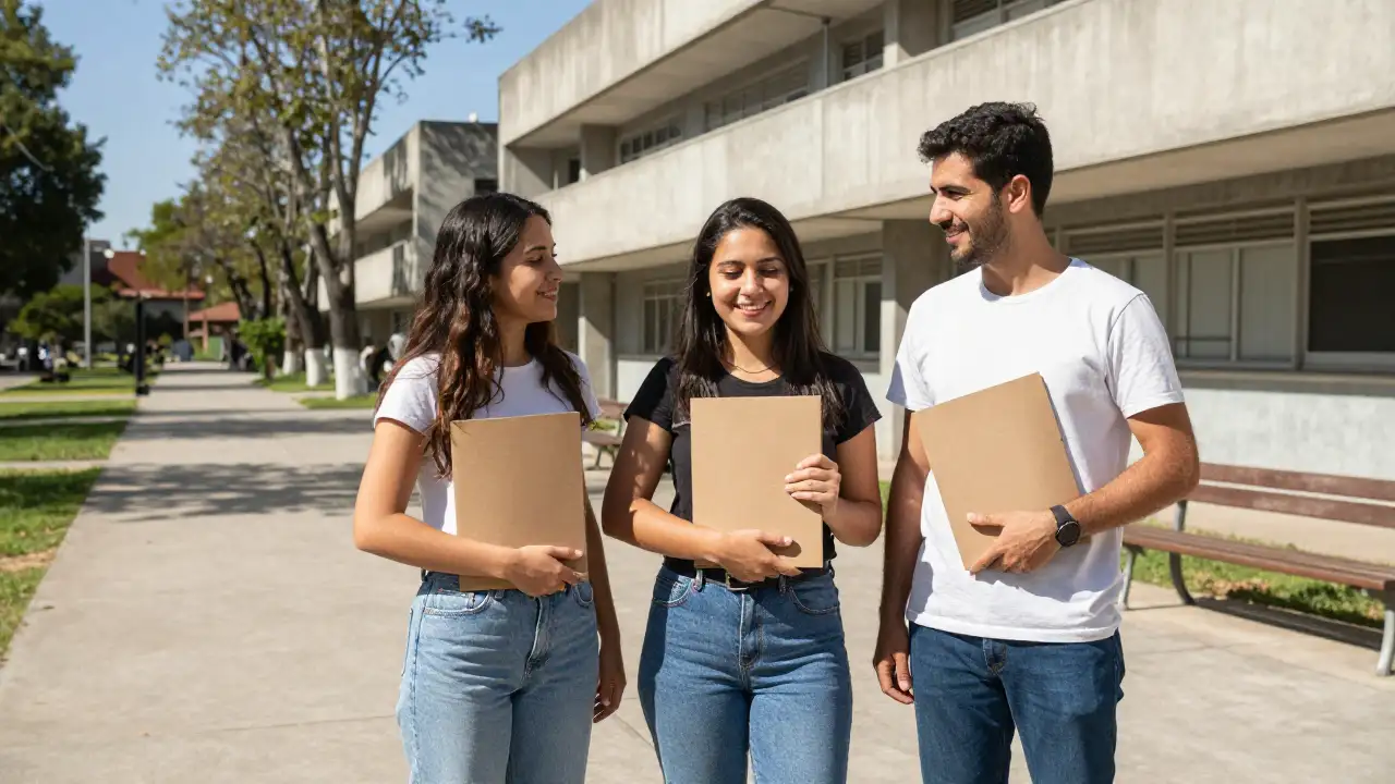 Ilustración generada con IA: Tres egresados jóvenes sonríen en la universidad con sus tesis en las manos.