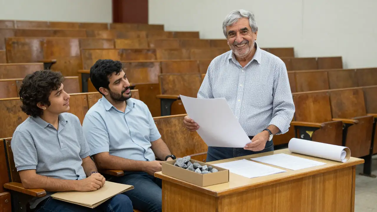Ilustración generada con IA: Profesor con mapa enrollado en aula universitaria junto a dos capacitandos.